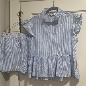 Women's Blue Striped Blouse and Shorts Set